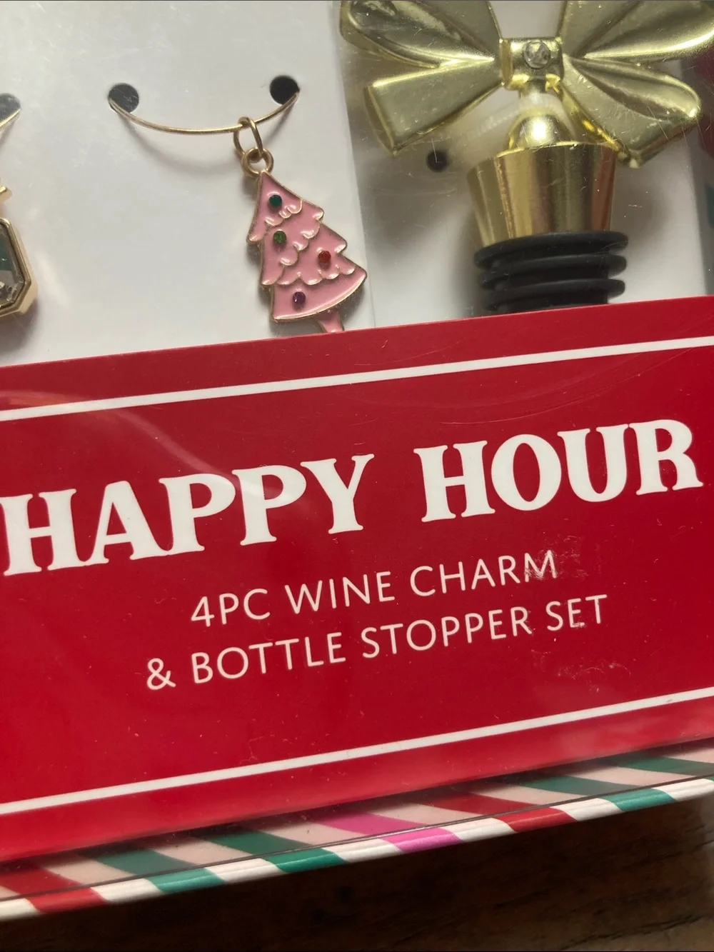 Happy Hour 4pc Wine Charm & Gold Bow Bottle Stopper Set
